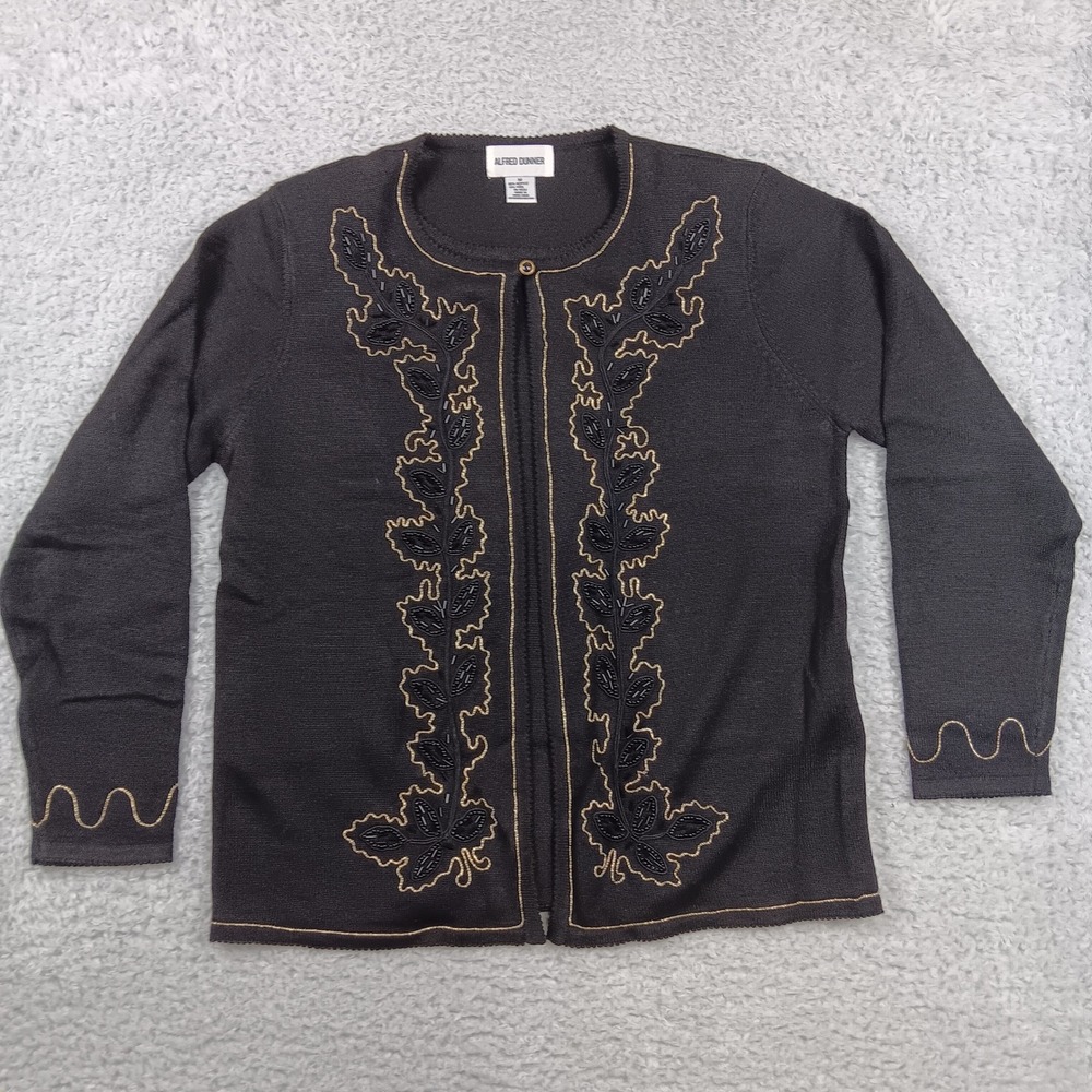 Alfred Dunner Cardigan Women Medium Black Beaded Gold Embroidered Padded Shlder